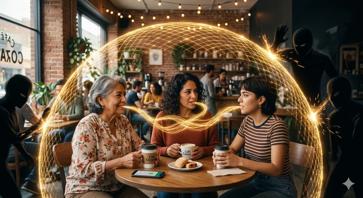 Dos mujeres platicando con celulares en la mano