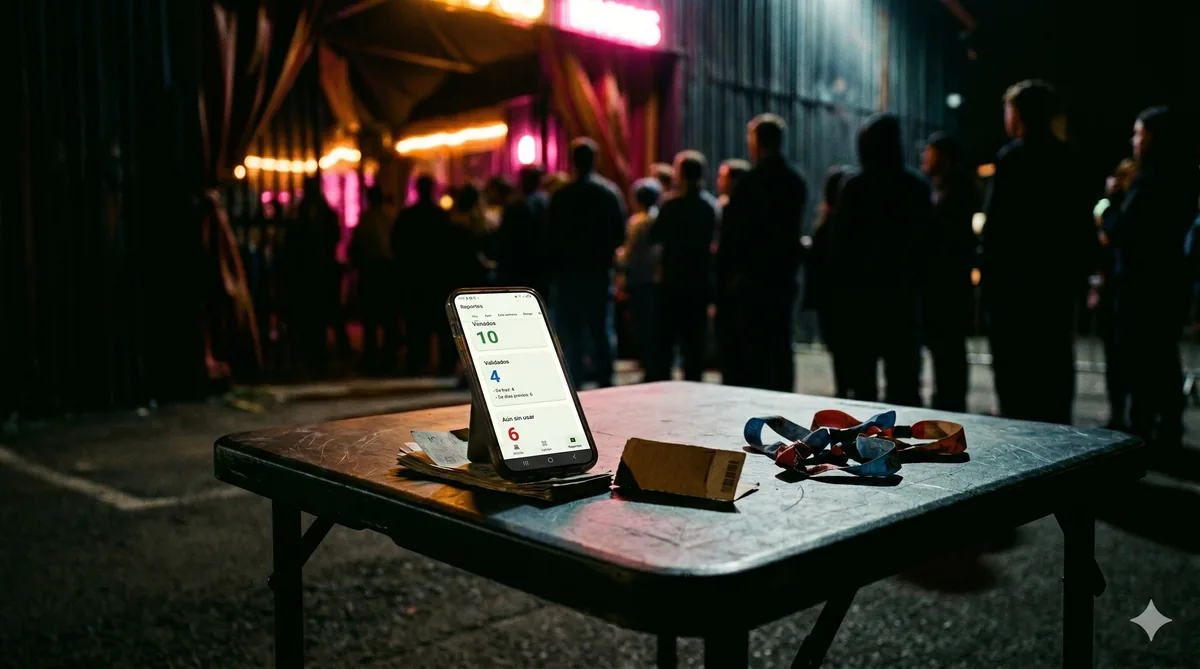 Mesa plegable de noche con un celular mostrando un código QR, al fondo luces de neón y siluetas en fila